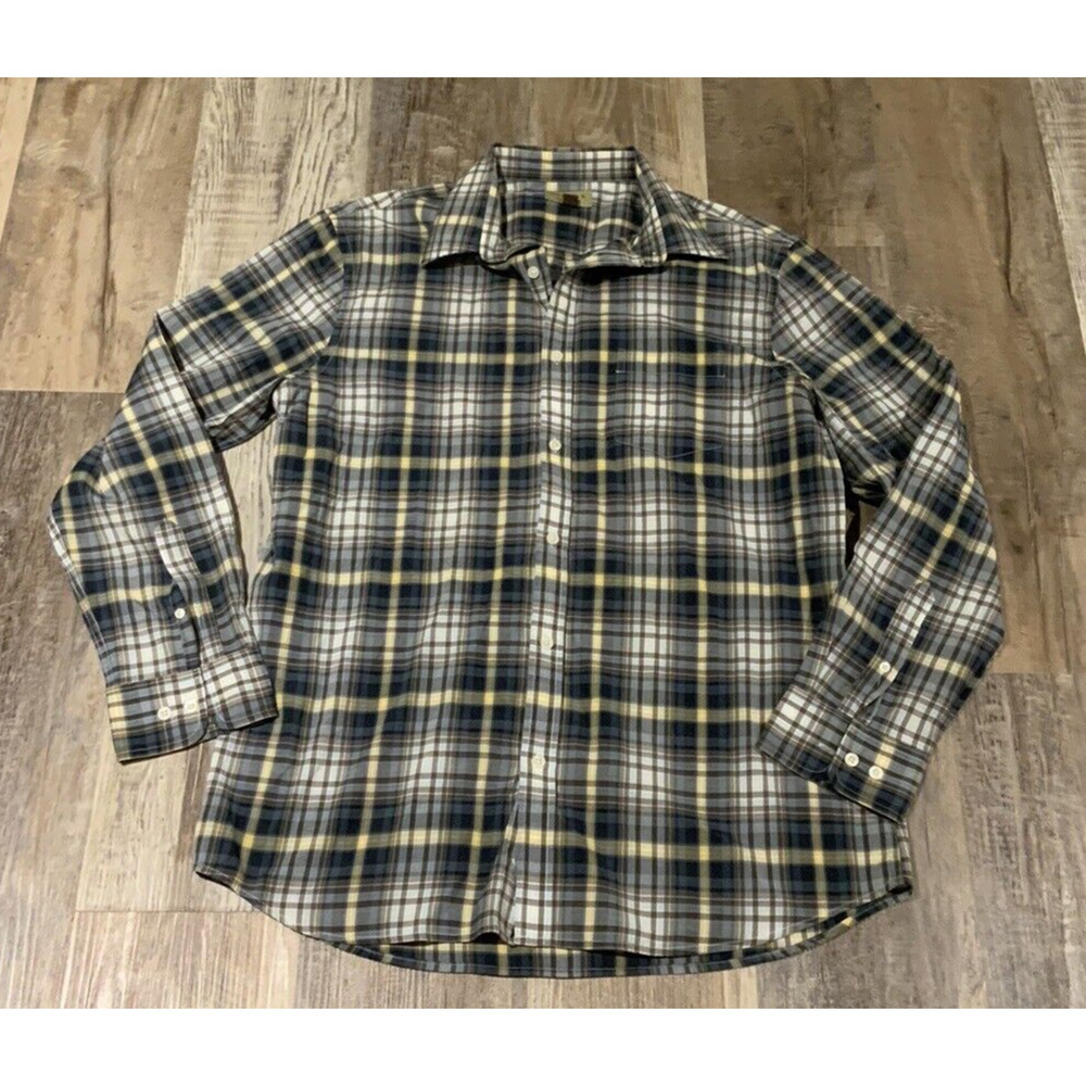 Sonoma‎ Men's Plaid Long Sleeve Button Front Shirt Blue Yellow Brown Size L
